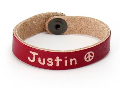 Name & Peace Symbol on Red Slim Cuff Personalized Name Bracelet